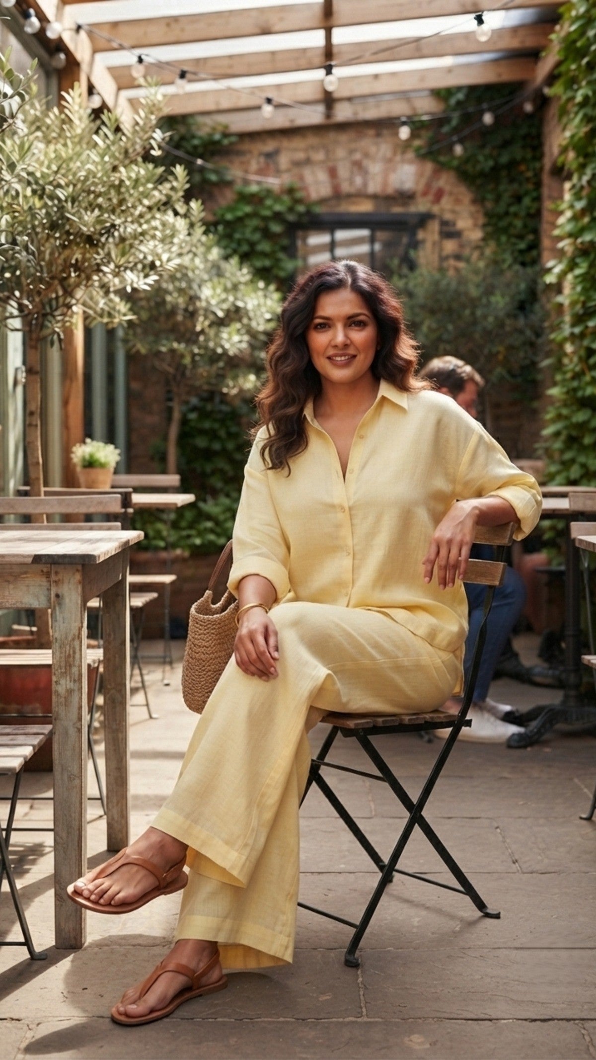 Plus Size Butter Yellow Cotton Co-ord Set for Women | Relaxed Fit Shirt & Wide Leg Pants