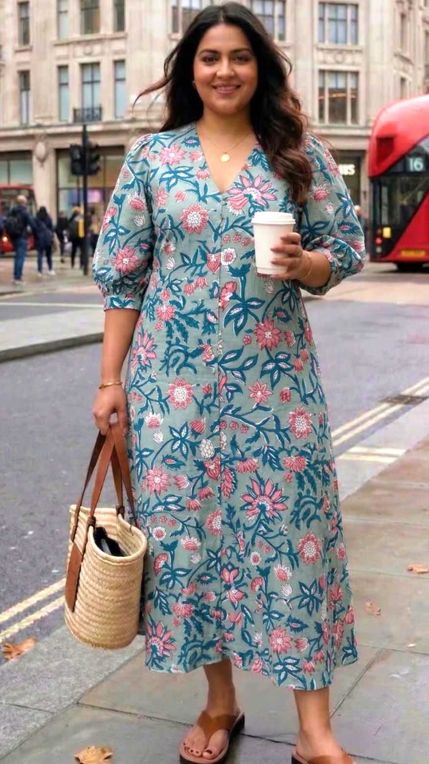 Plus Size Cotton Floral Midi Dress – V-Neck Button Down Casual Dress