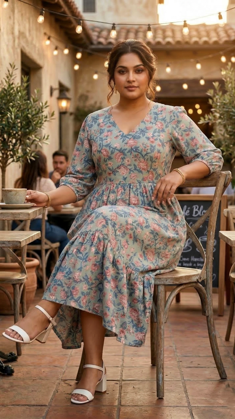 Blue Floral Printed Cotton Midi Dress for Women – Elegant Casual Wear