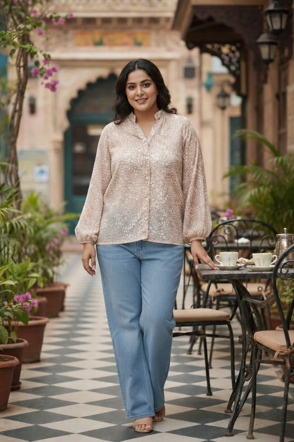 Regular Coffee Printed Collared Georgette Shirt (ONLY SHIRT)