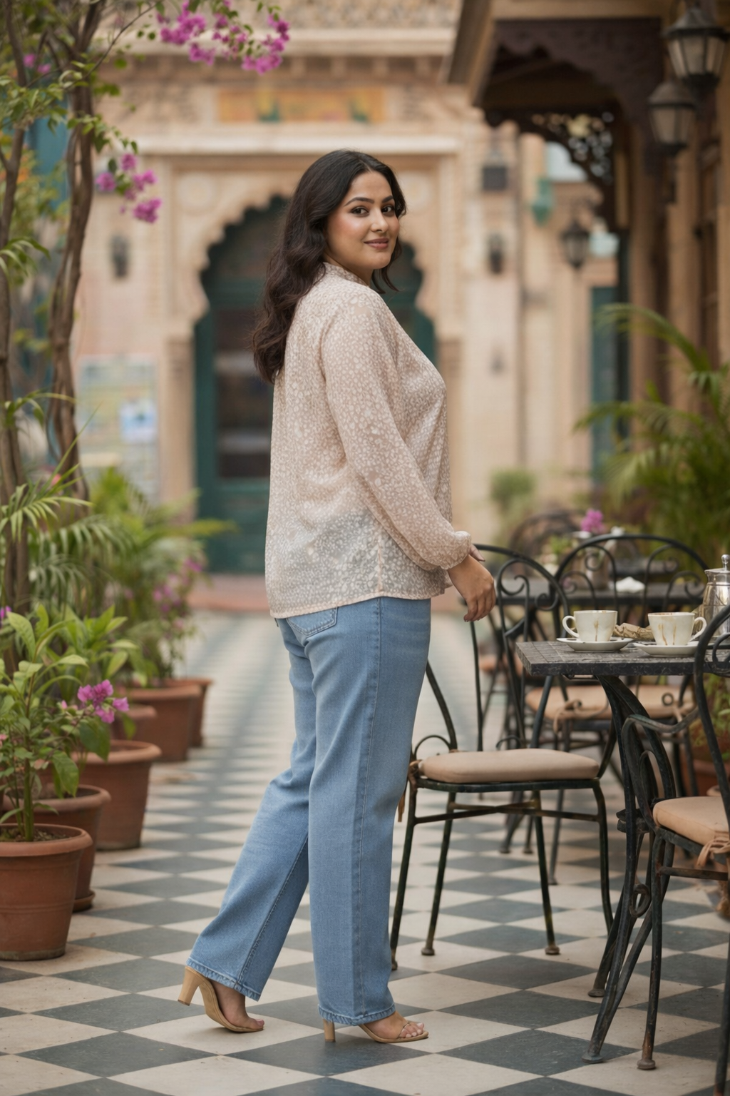 Regular Coffee Printed Collared Georgette Shirt (ONLY SHIRT)