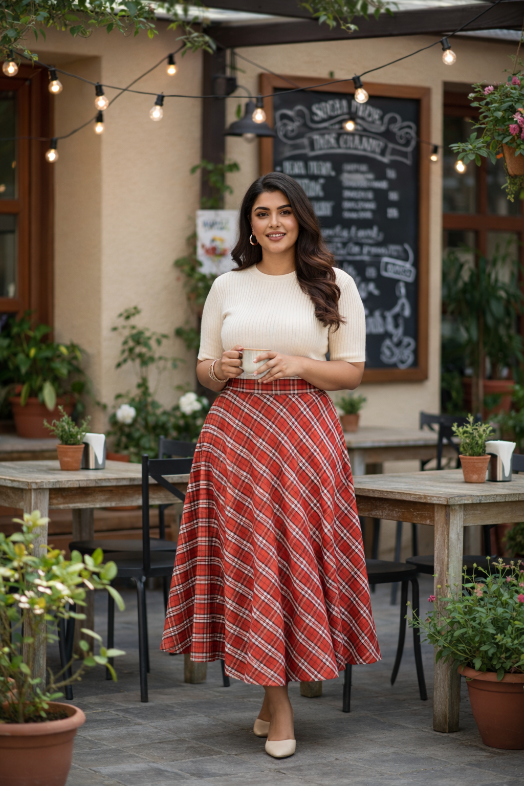 Plus Size Red Checkered A-Line Midi Skirt for Women