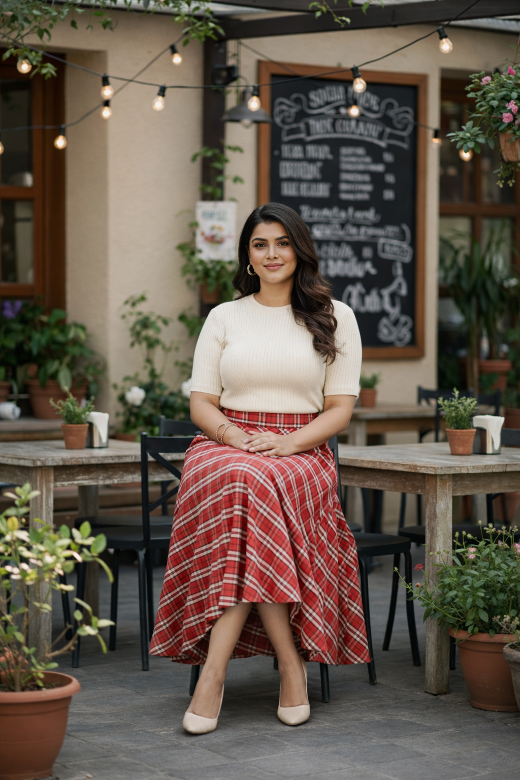 Plus Size Red Checkered A-Line Midi Skirt for Women