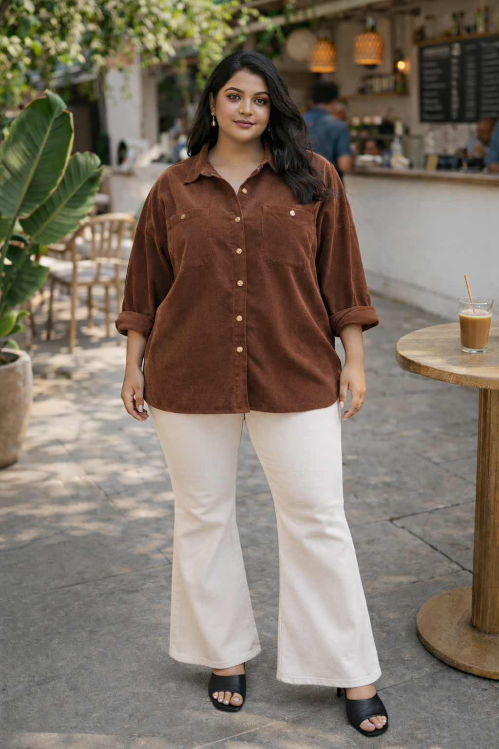 Plus Size Brown Corduroy Button-Down Jacket with Double Pockets
