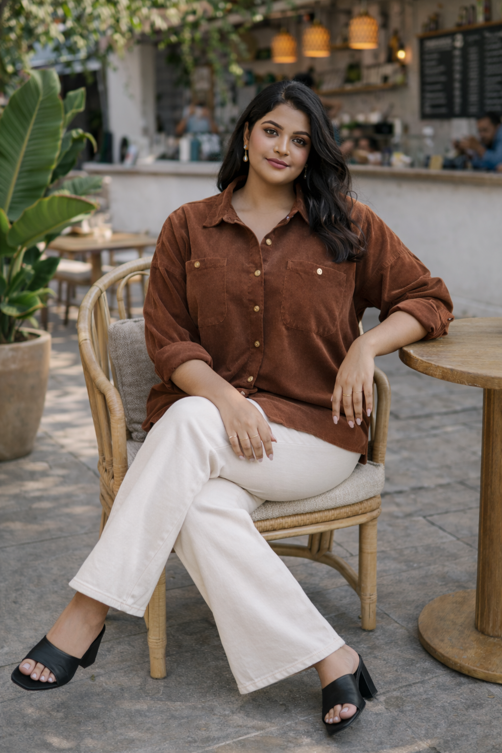 Plus Size Brown Corduroy Button-Down Jacket with Double Pockets