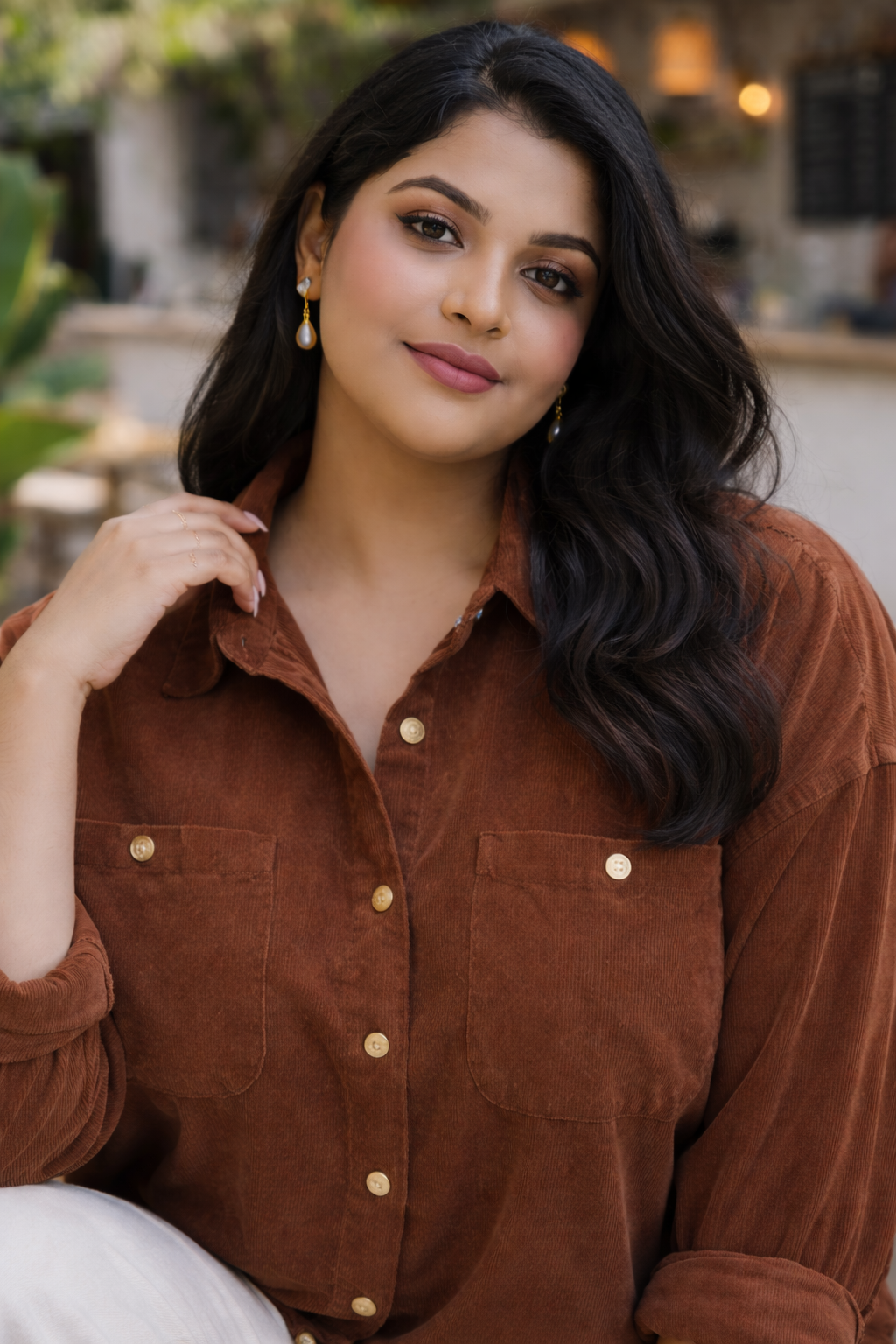 Plus Size Brown Corduroy Button-Down Jacket with Double Pockets