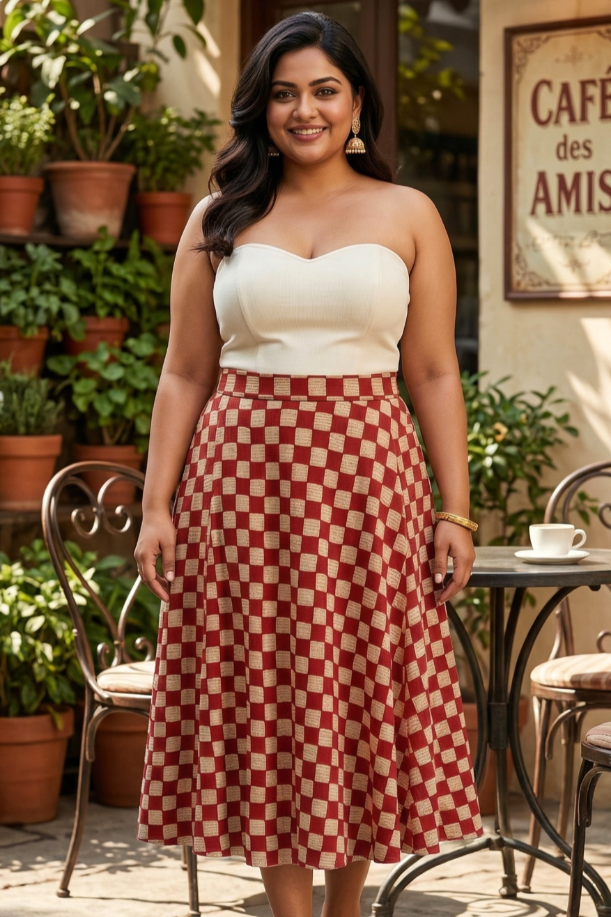 Plus Size Cotton Checkered Midi Skirt – High Waist Flared Skirt (Red & Beige)