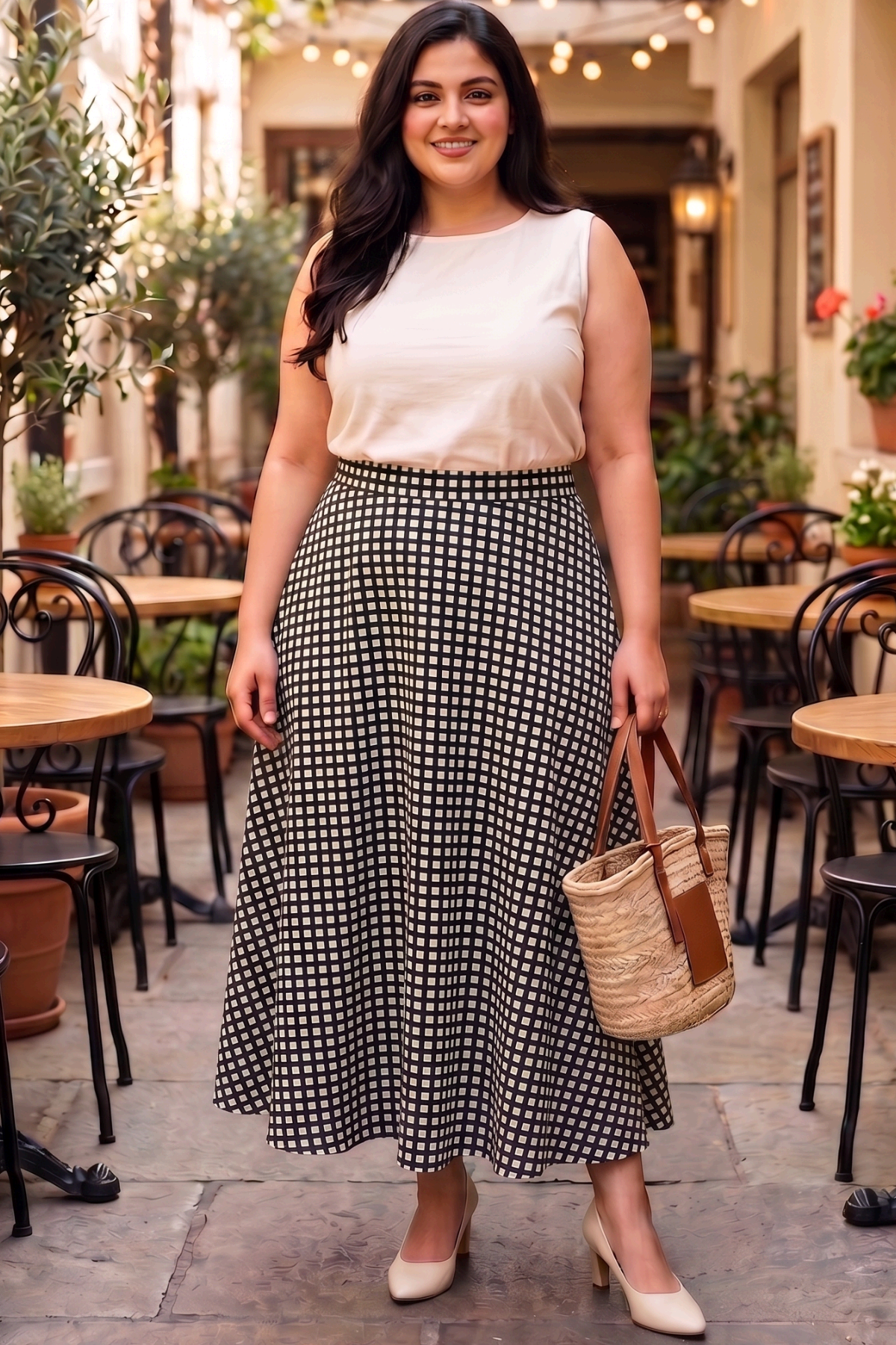 Plus Size Black & White Checkered Midi Skirt for Women | High Waist Flared Skirt