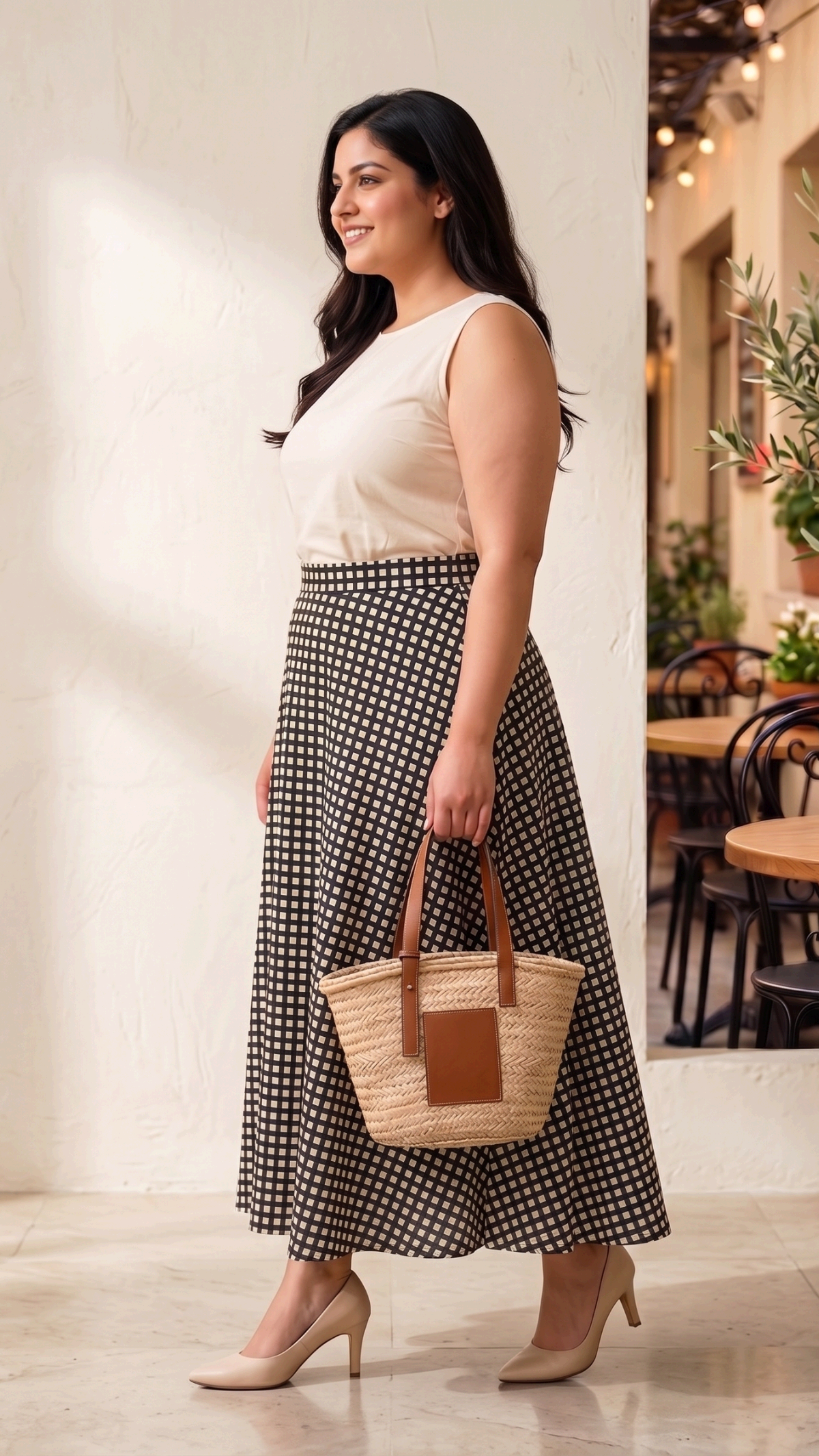 Plus Size Black & White Checkered Midi Skirt for Women | High Waist Flared Skirt