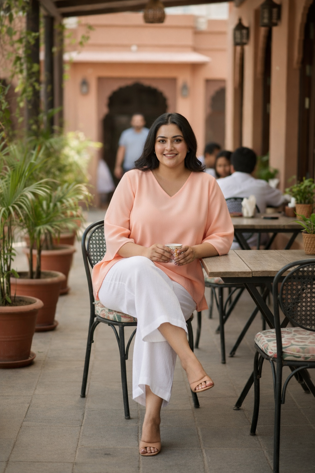 Coral Peach Cotton Collared V-Neck Top