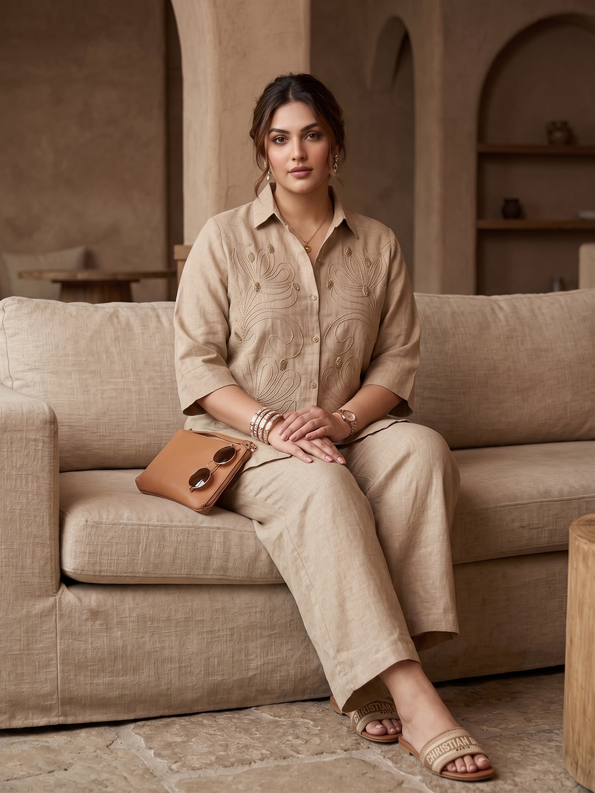 Plus Size Jute Co-ord Set – Beige Embroidered Shirt & Wide-Leg Pants
