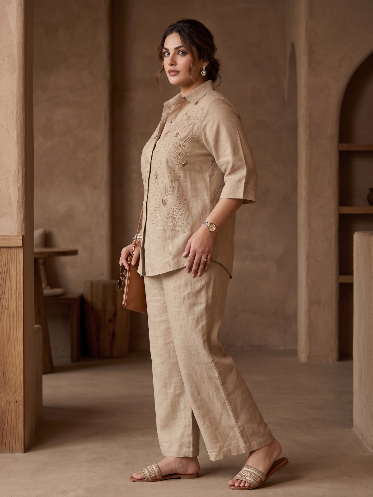 Plus Size Jute Co-ord Set – Beige Embroidered Shirt & Wide-Leg Pants