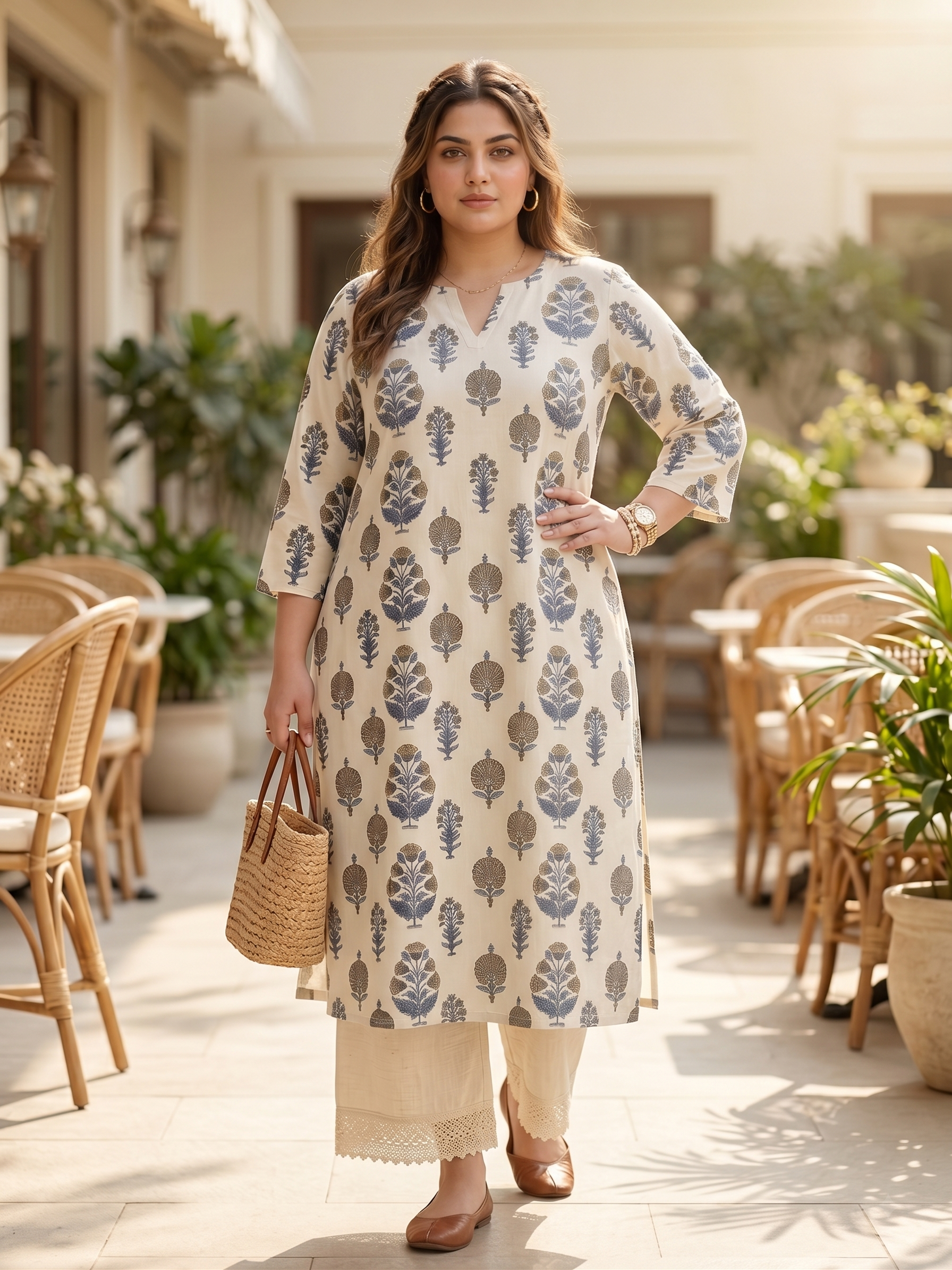 Plus Size Cream Floral Printed Cotton Kurta for Women | V-Neck Straight Fit Kurta
