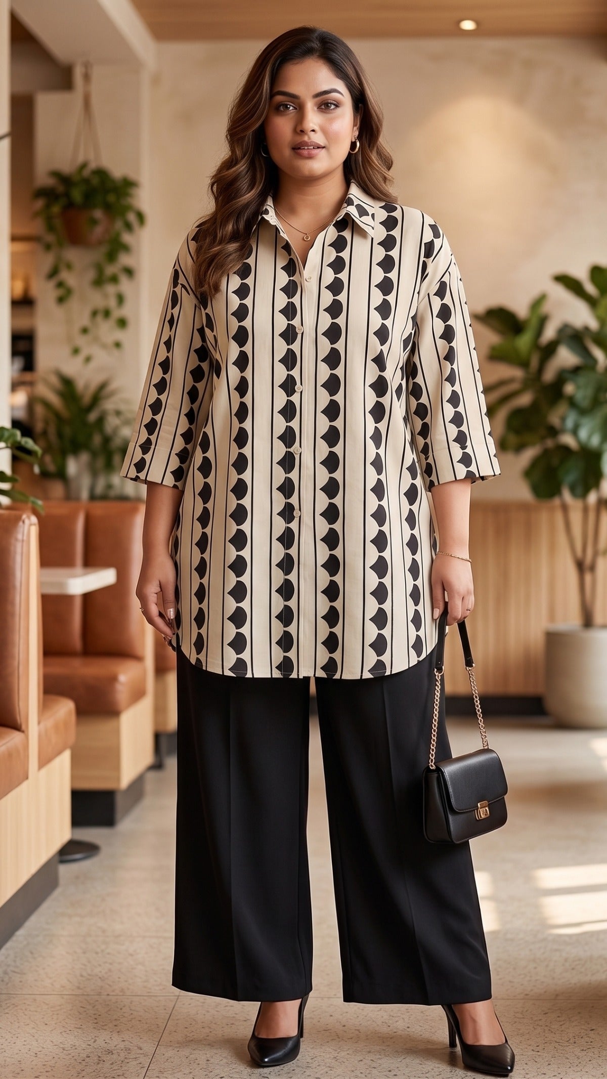 Plus Size Beige & Black Printed Cotton Shirt for Women | Relaxed Fit Button-Down Shirt