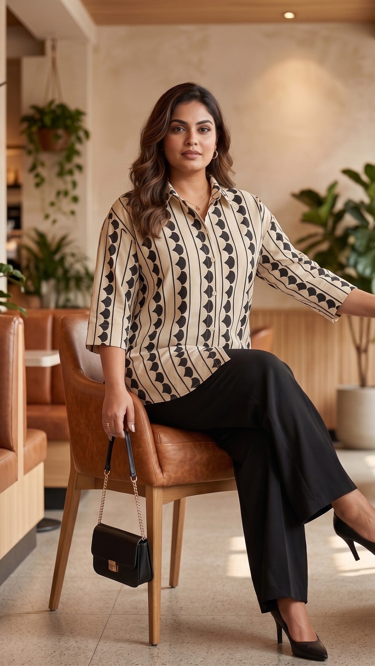 Plus Size Beige & Black Printed Cotton Shirt for Women | Relaxed Fit Button-Down Shirt