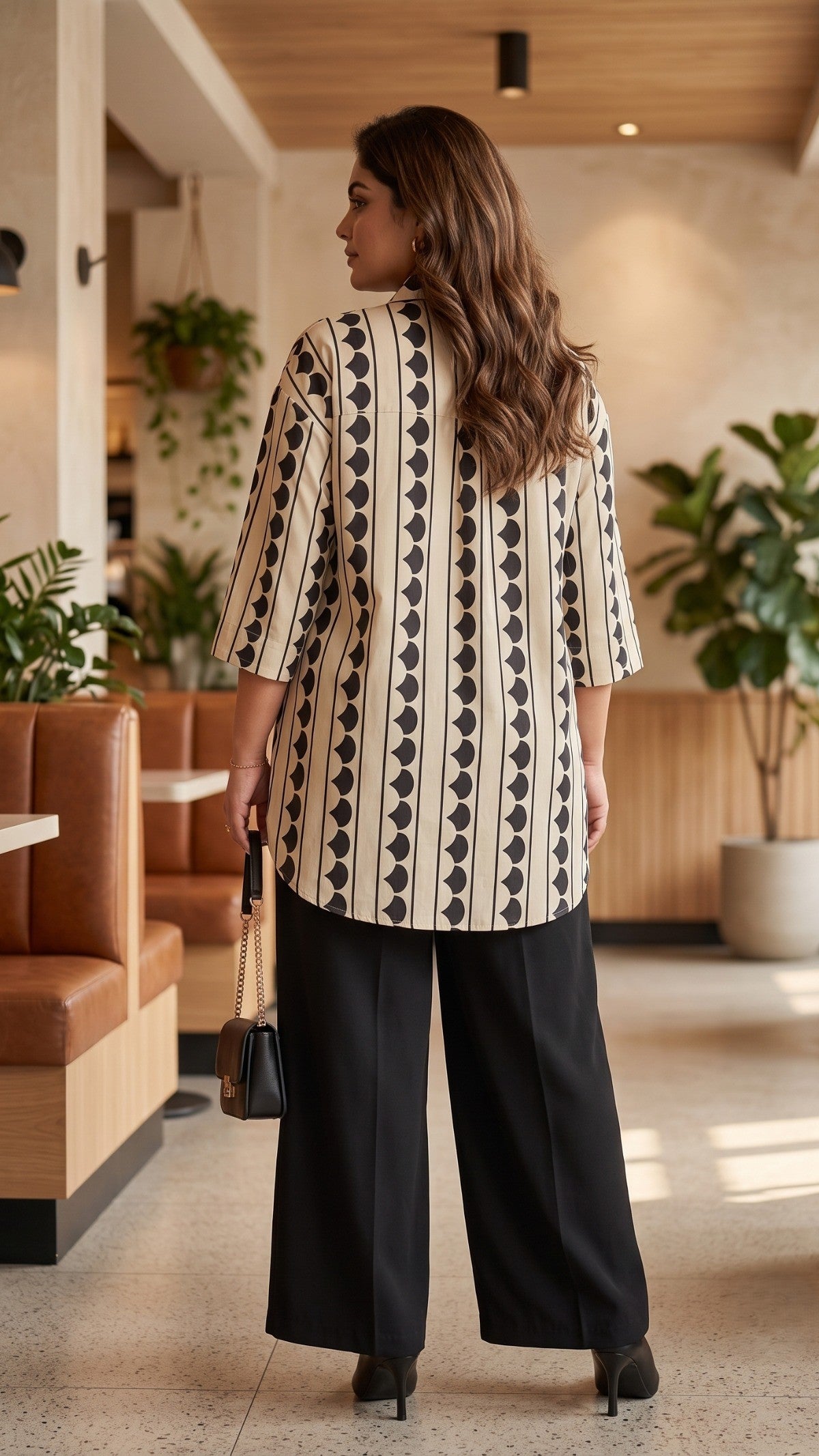 Plus Size Beige & Black Printed Cotton Shirt for Women | Relaxed Fit Button-Down Shirt