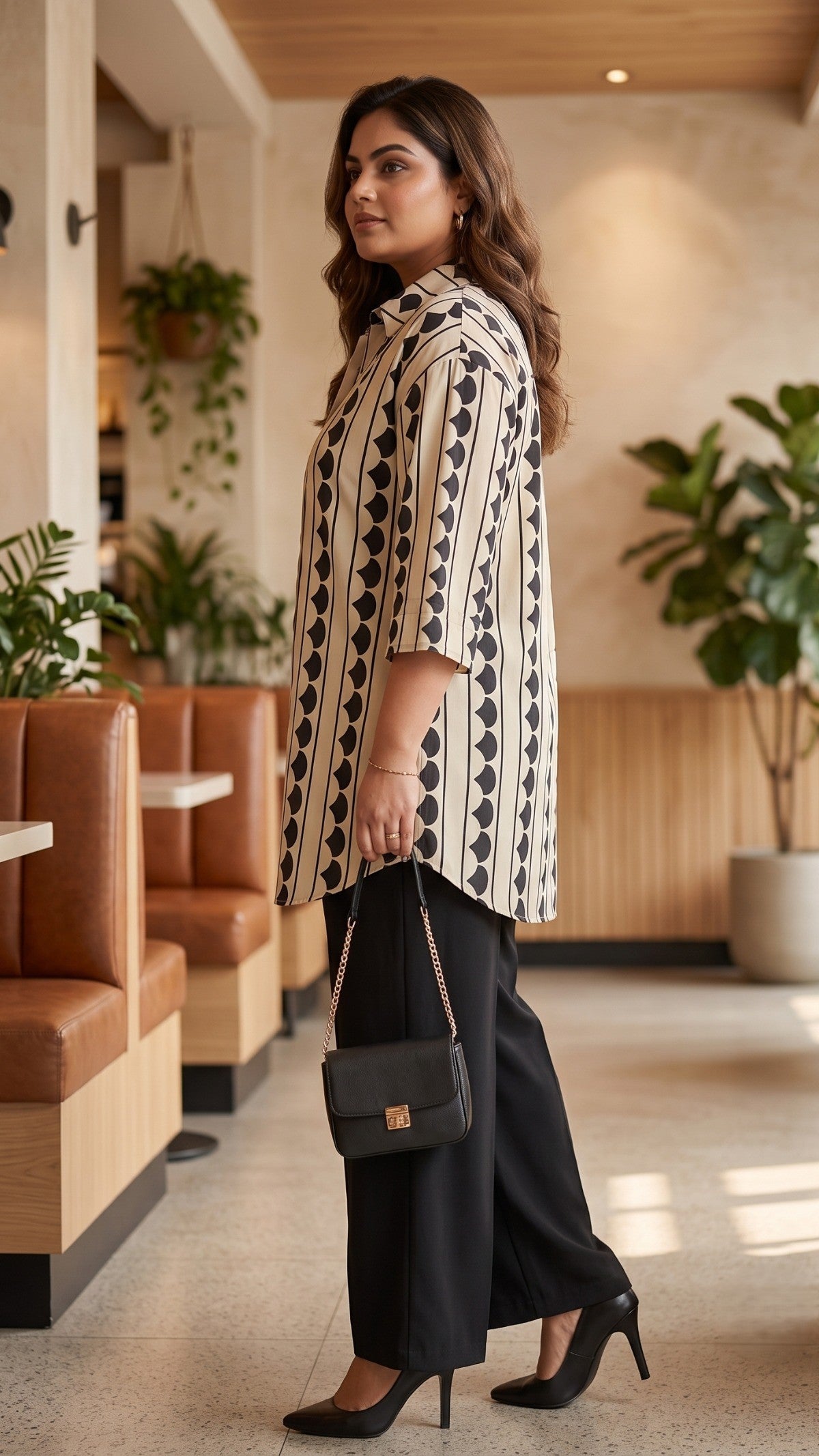 Plus Size Beige & Black Printed Cotton Shirt for Women | Relaxed Fit Button-Down Shirt