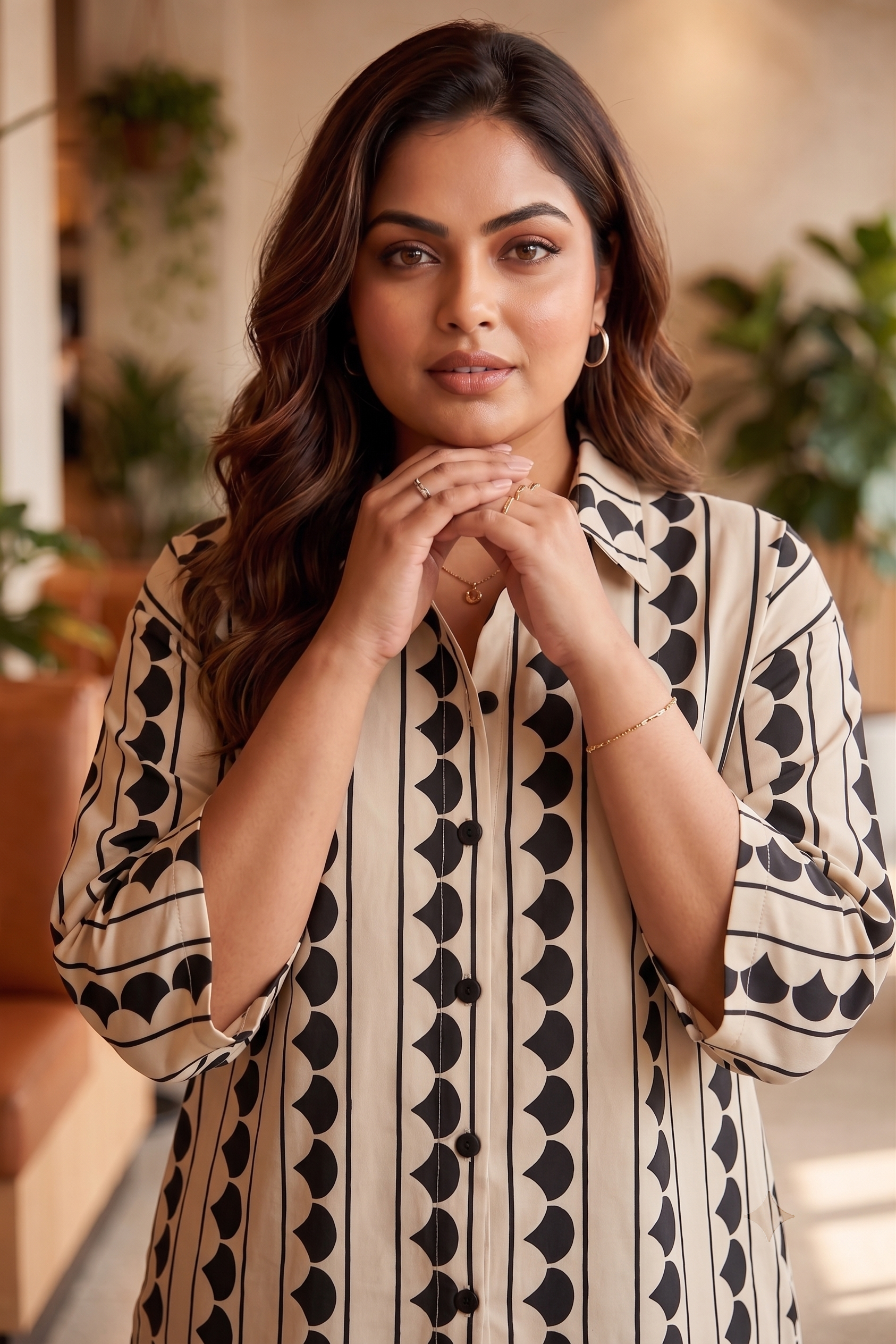 Plus Size Beige & Black Printed Cotton Shirt for Women | Relaxed Fit Button-Down Shirt