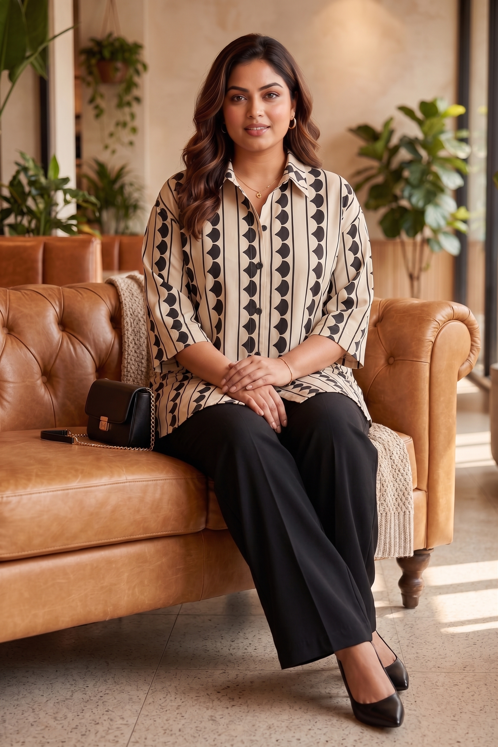 Plus Size Beige & Black Printed Cotton Shirt for Women | Relaxed Fit Button-Down Shirt