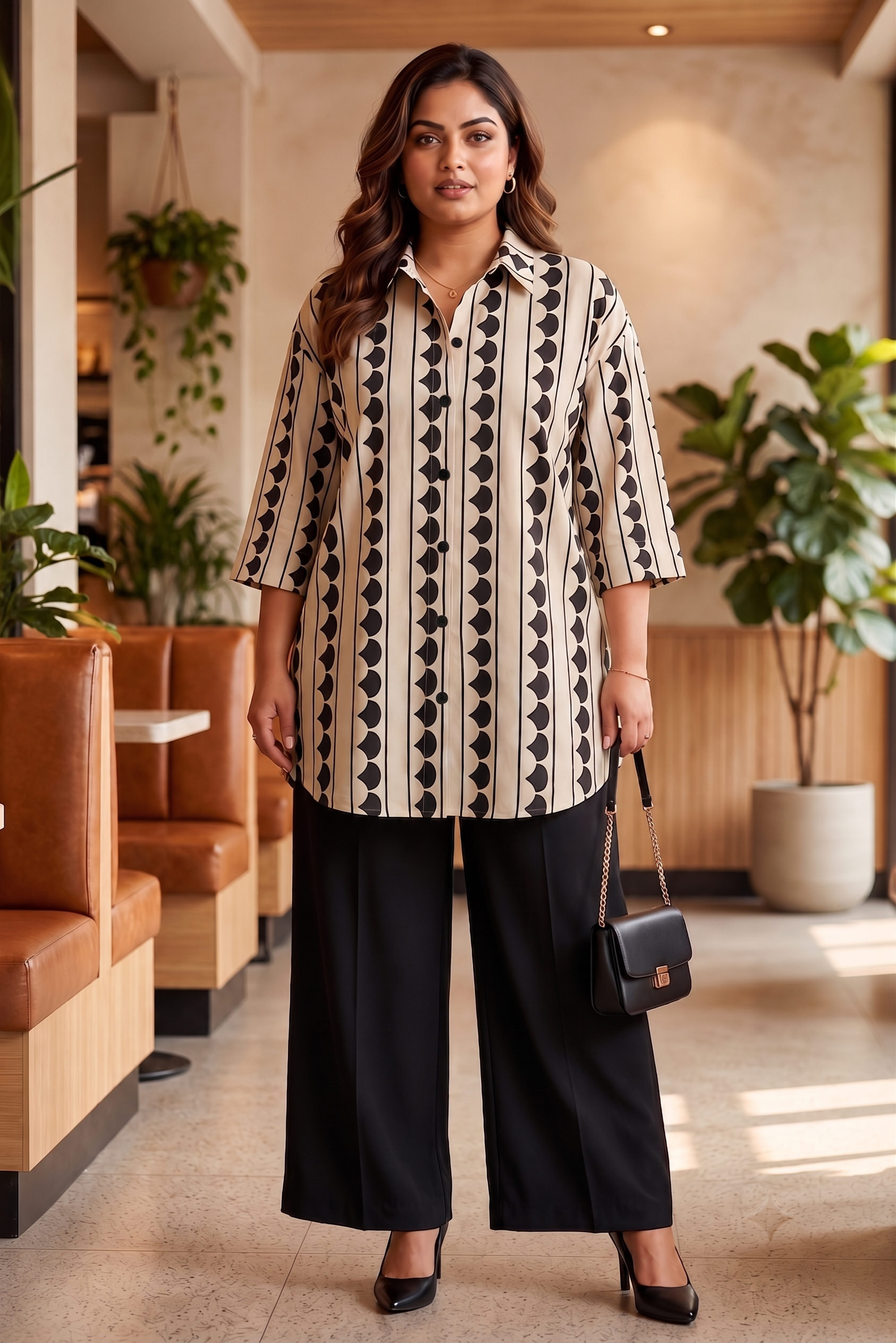 Plus Size Beige & Black Printed Cotton Shirt for Women | Relaxed Fit Button-Down Shirt