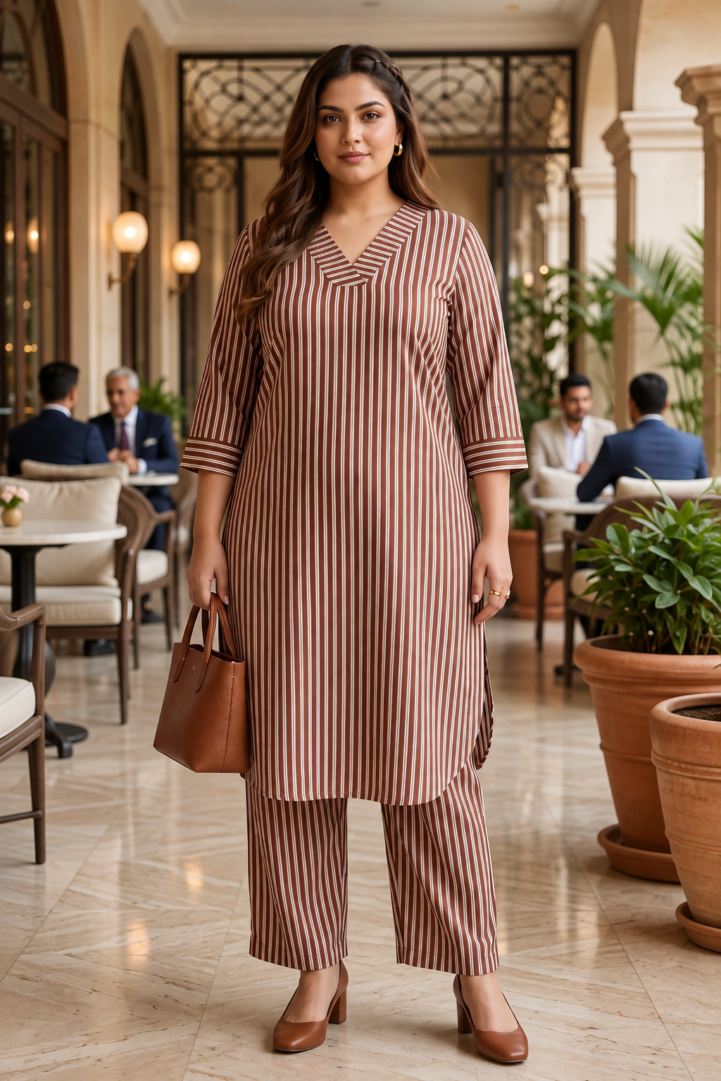 Plus Size Brown Striped Cotton Co-Ord Set for Women | V-Neck Kurta & Pants Set