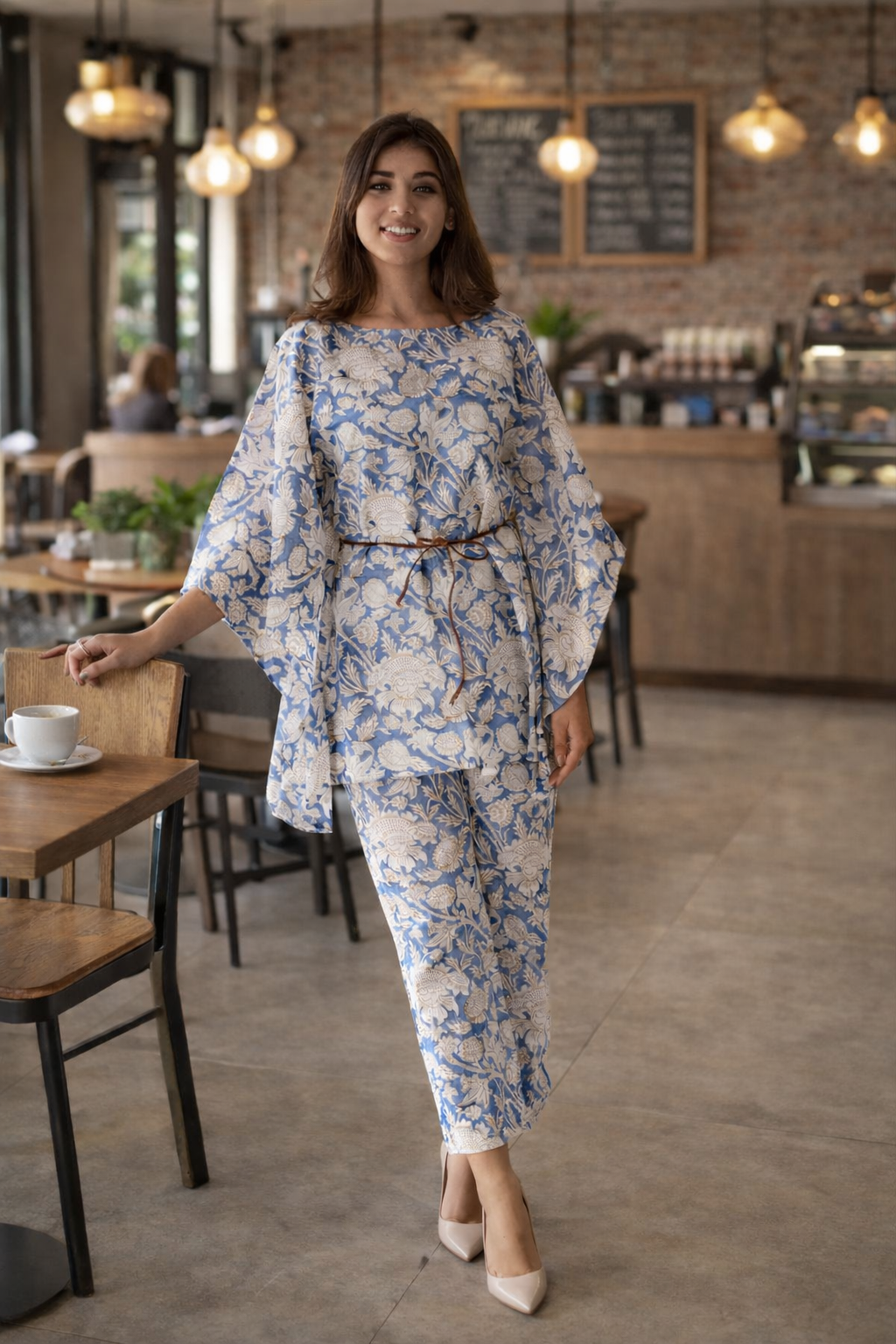 Blue Printed Cotton Kaftan Co-ord Set