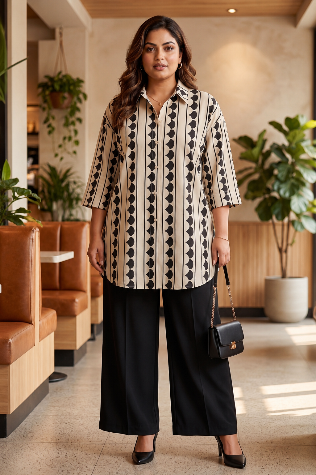 Plus Size Beige & Black Printed Cotton Shirt for Women | Relaxed Fit Button-Down Shirt