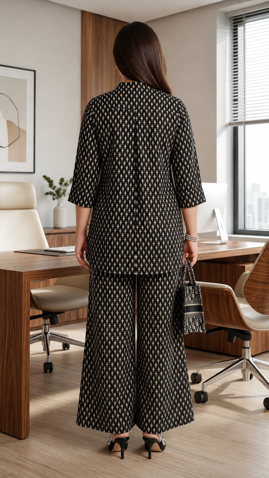 Plus Size Black Cotton Printed Cord Set for Women | Office Wear Co-ord Set