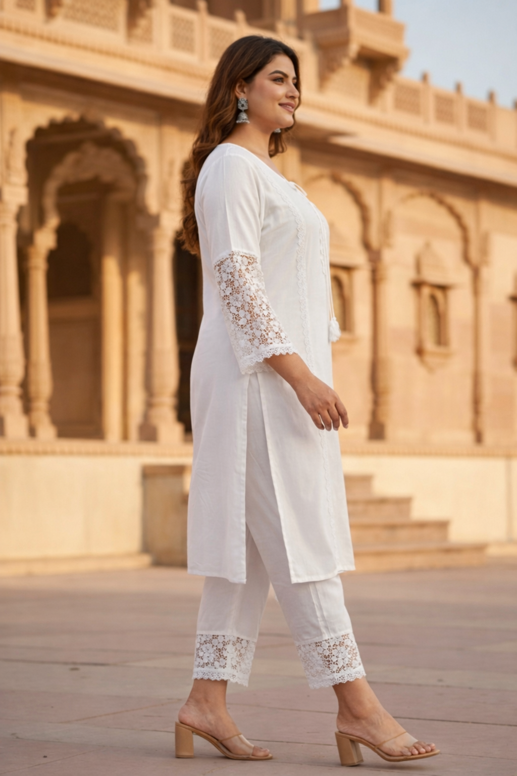 Plus Size White Kurta Set with Dupatta | Lace Ethnic