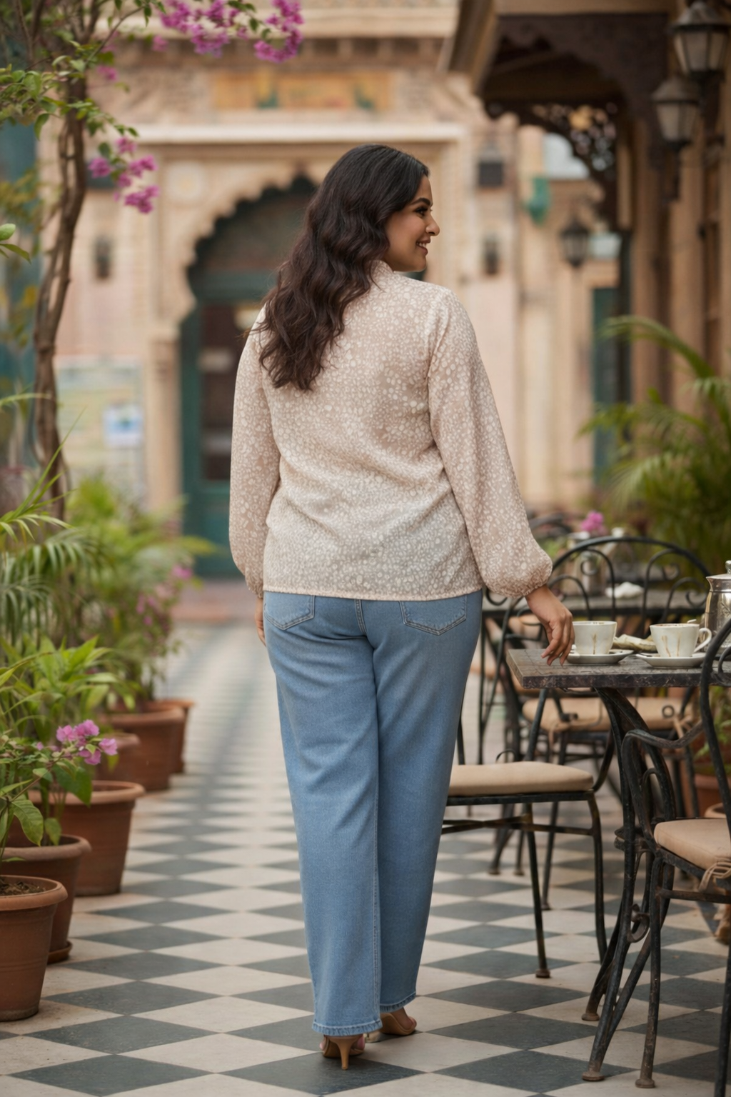 Coffee Printed Collared Georgette Shirt (ONLY SHIRT)