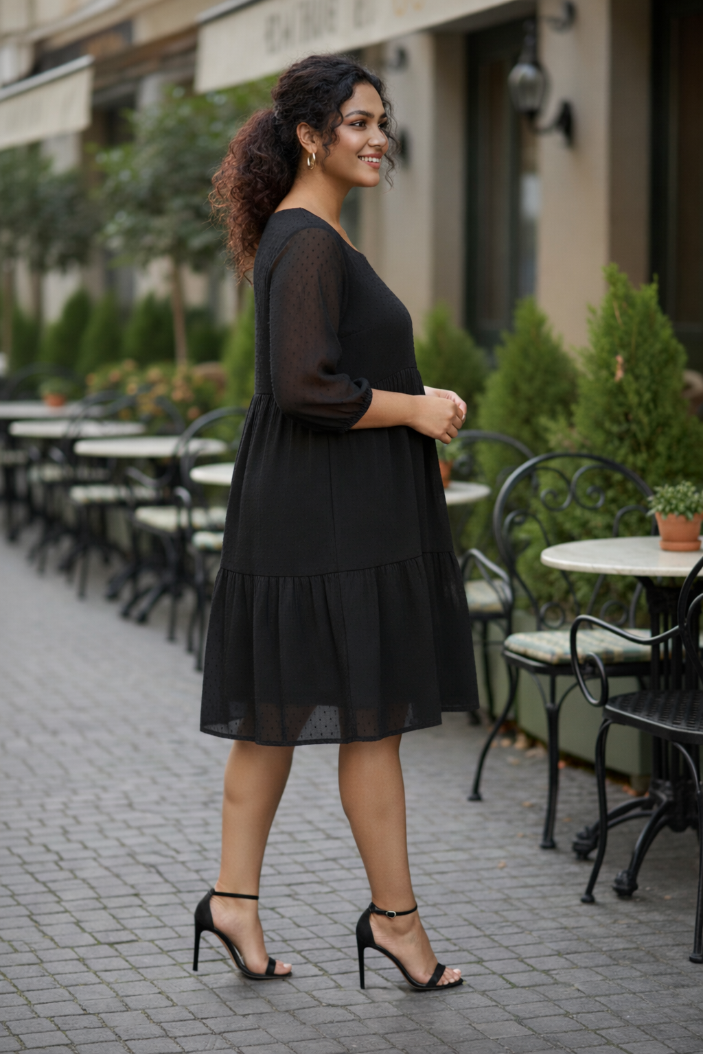 Black Georgette Tiered Short Dress