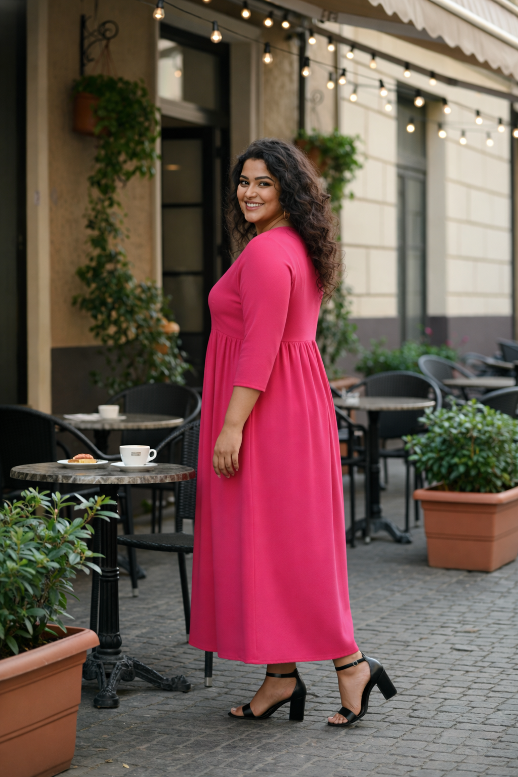 Fuchsia Pink V-Neck Linen Midi Dress with Gathered Waist