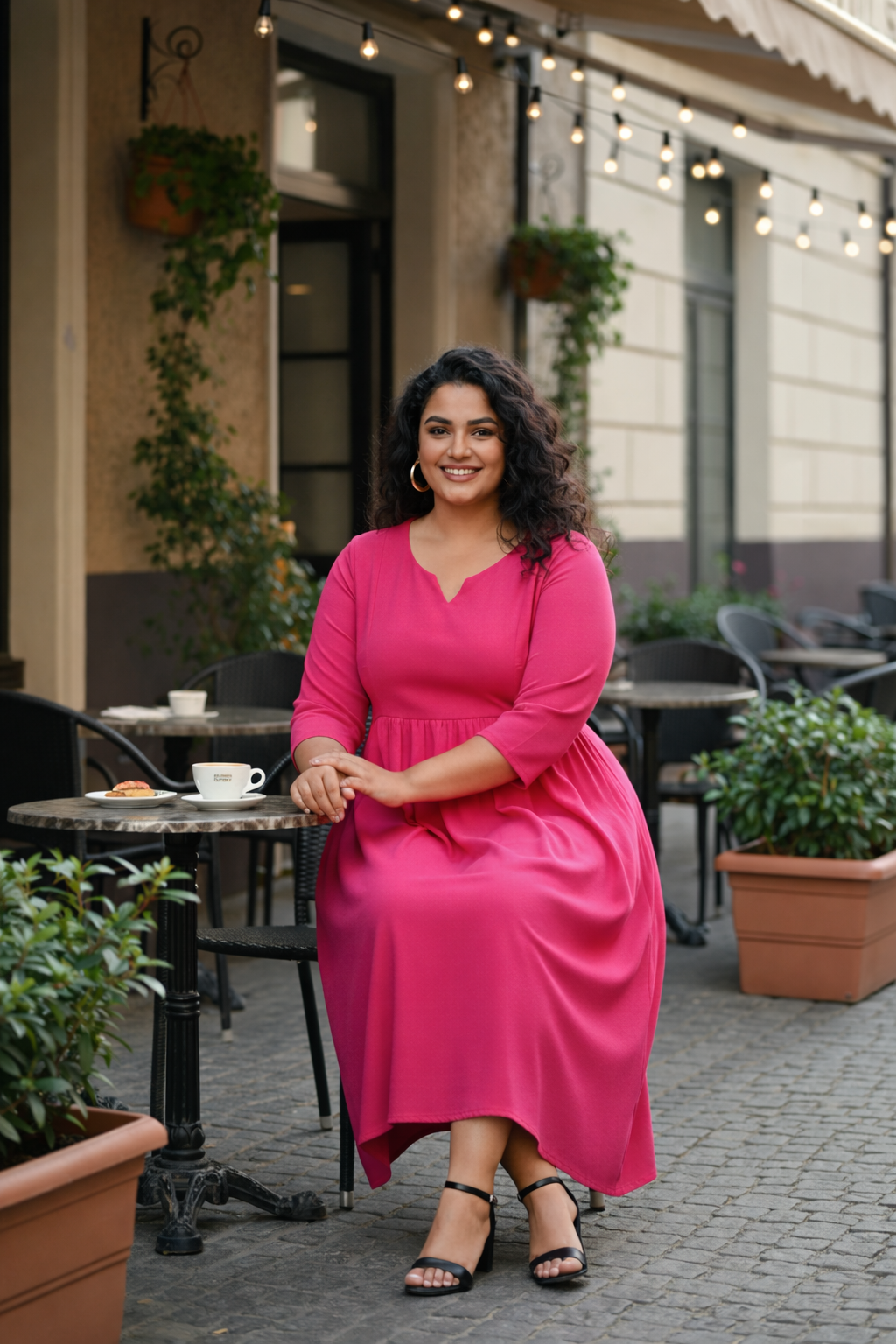 Fuchsia Pink V-Neck Linen Midi Dress with Gathered Waist