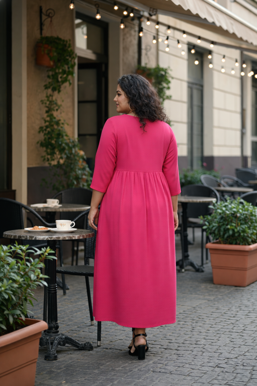 Fuchsia Pink V-Neck Linen Midi Dress with Gathered Waist
