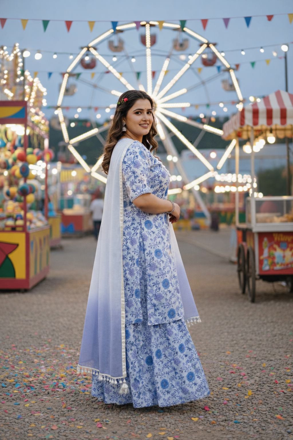 Ice Blue V-Neck Floral Cotton Sharara Set - (Set of 3)