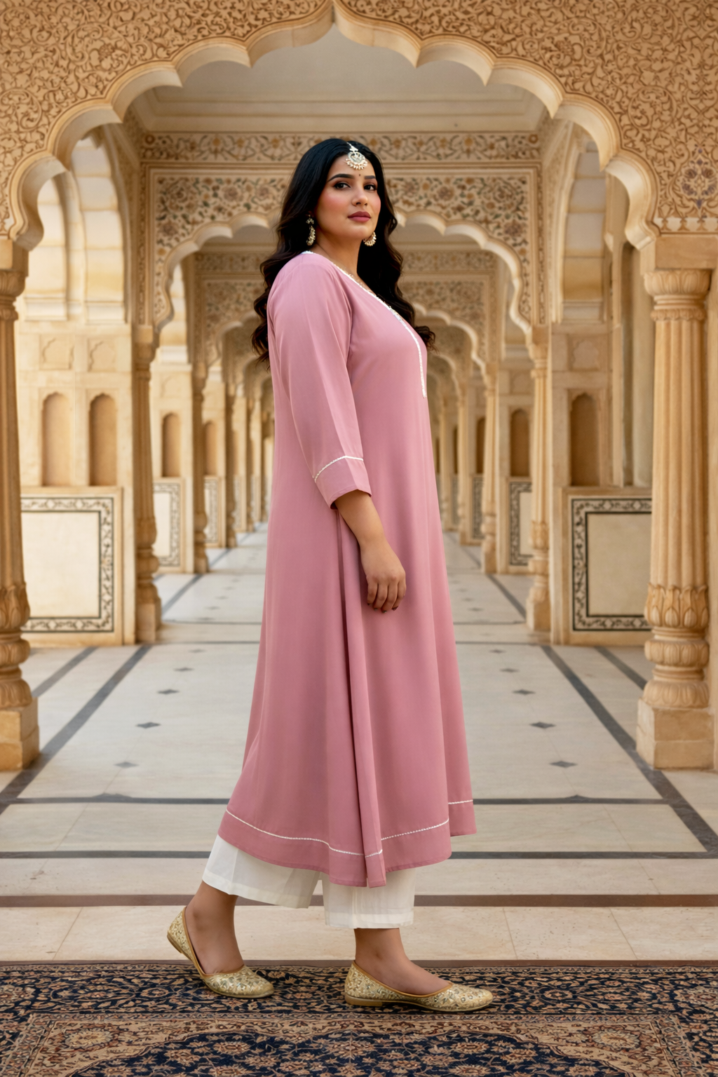 Dusty Rose Chinon Kurta with Lace Detailing