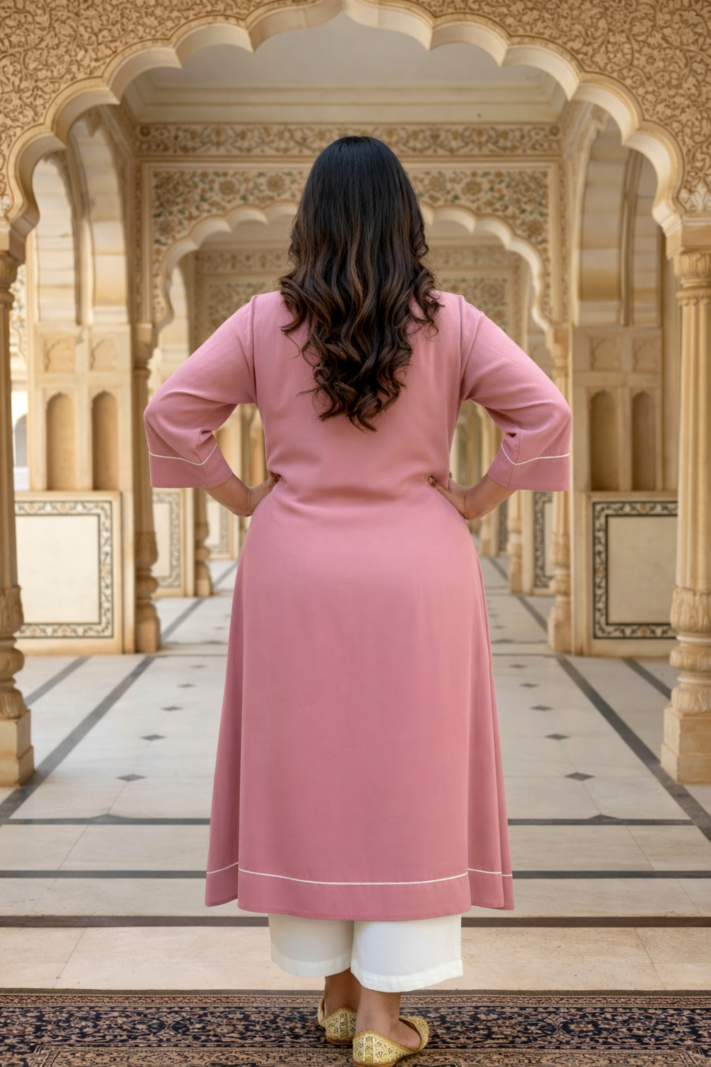 Dusty Rose Chinon Kurta with Lace Detailing