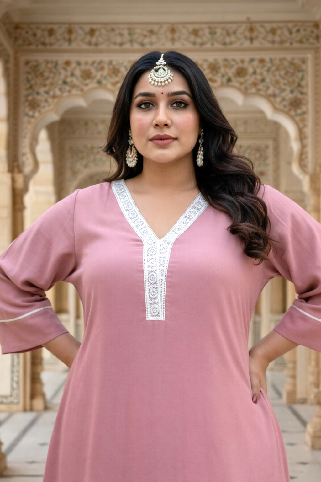 Dusty Rose Chinon Kurta with Lace Detailing