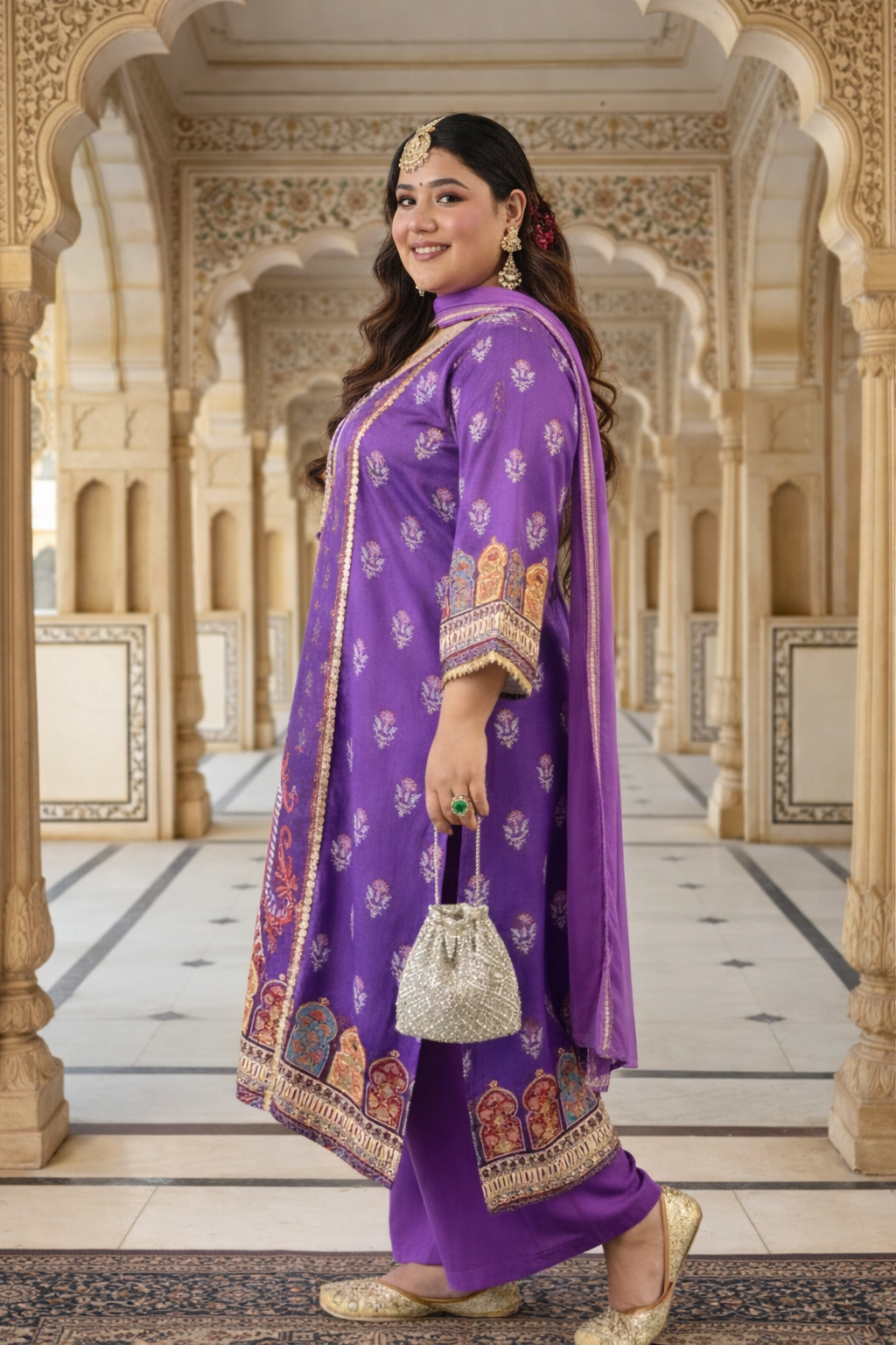 Lavender Satin Digital Print Kurta Set