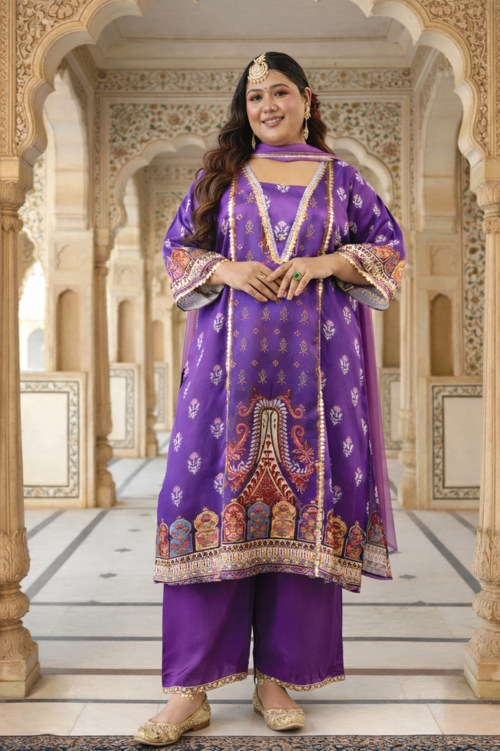 Lavender Satin Digital Print Kurta Set