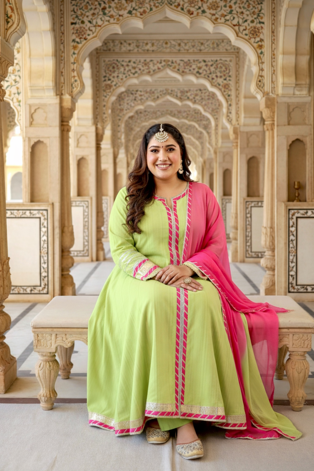 Lime Green & Pink A-Line Kurta Set with Gota Lace Detailing