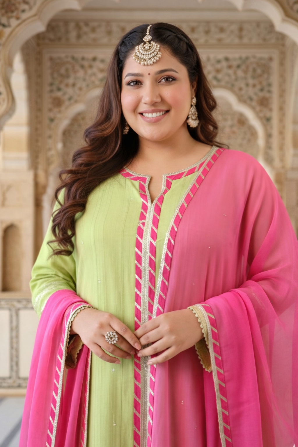 Lime Green & Pink A-Line Kurta Set with Gota Lace Detailing