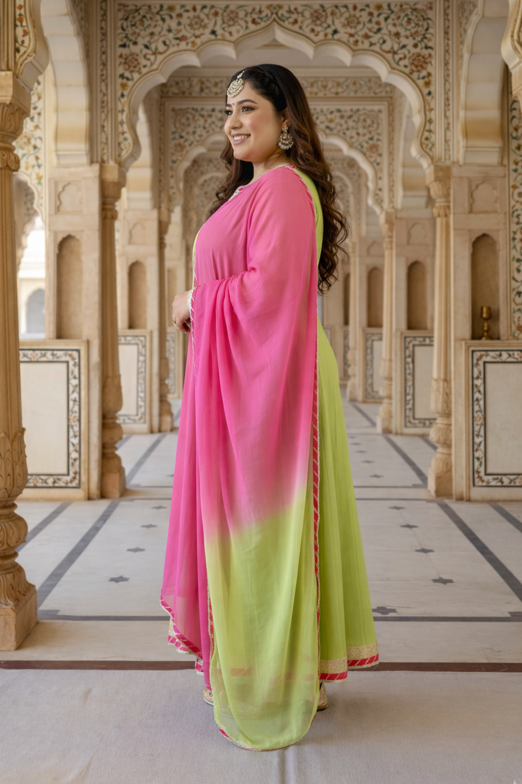 Lime Green & Pink A-Line Kurta Set with Gota Lace Detailing