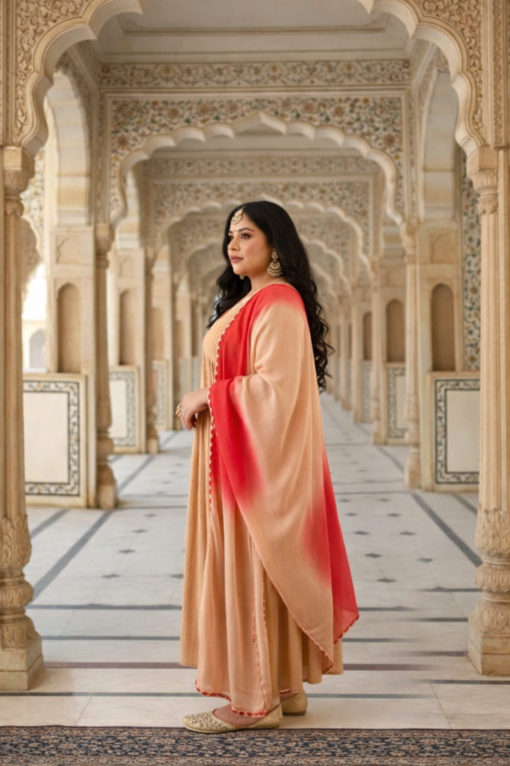 Caramel Self-Woven Zari Kurta Set with Gota Detailing(set of 3)