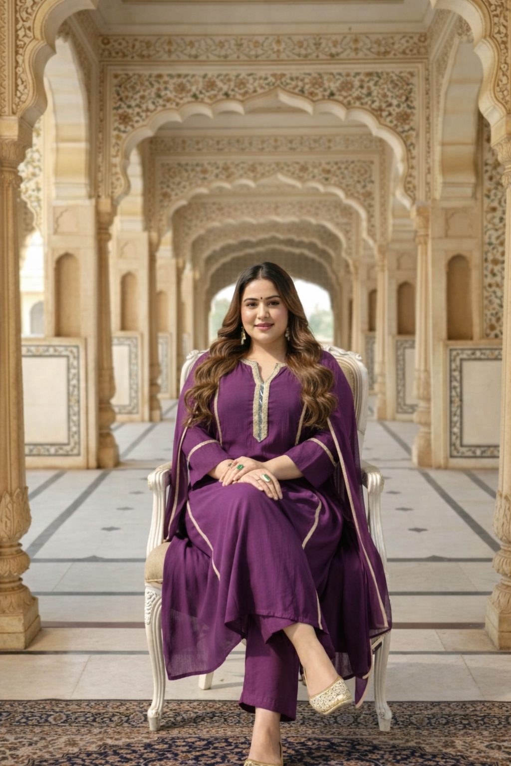 Plum Roman Silk Kurt Set with Gota Detailing