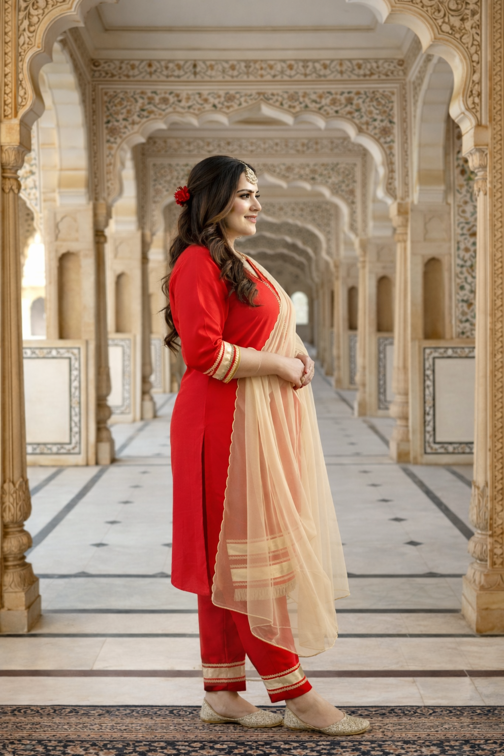 Crimson Red Taffeta Kurta Set with Gota Patti