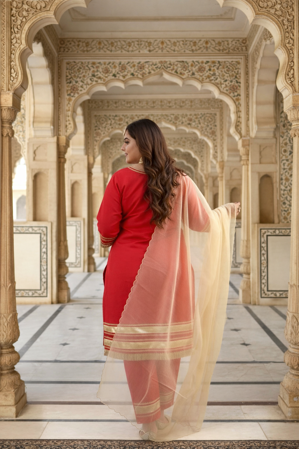 Crimson Red Taffeta Kurta Set with Gota Patti