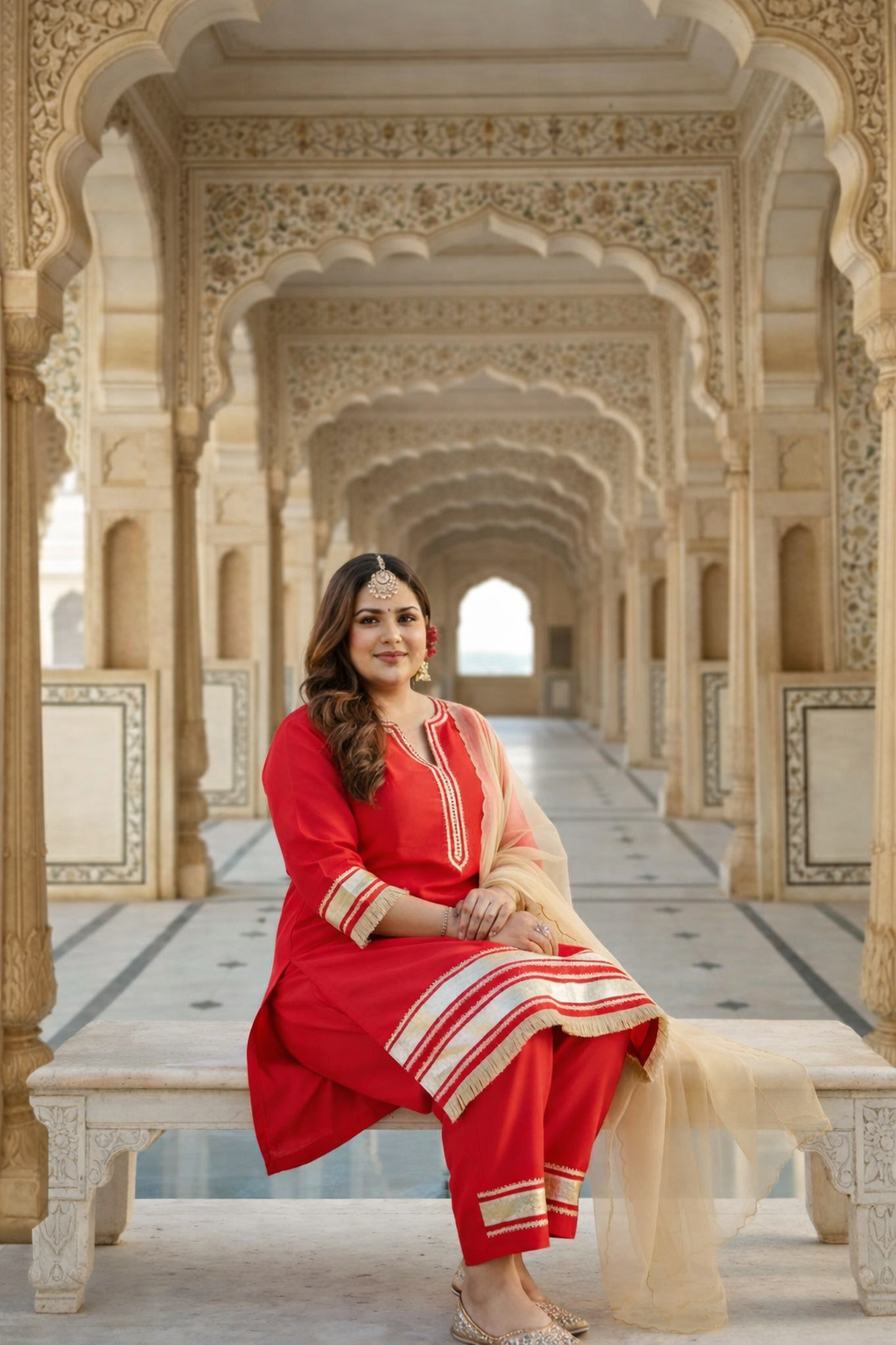 Crimson Red Taffeta Kurta Set with Gota Patti