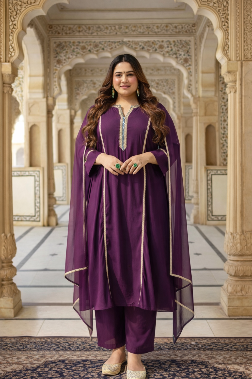 Plum Roman Silk Kurt Set with Gota Detailing
