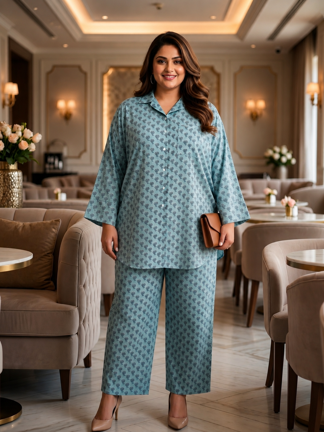 Hazy Blue Button-Down Booti Printed Co-Ord Set (Set of 2)